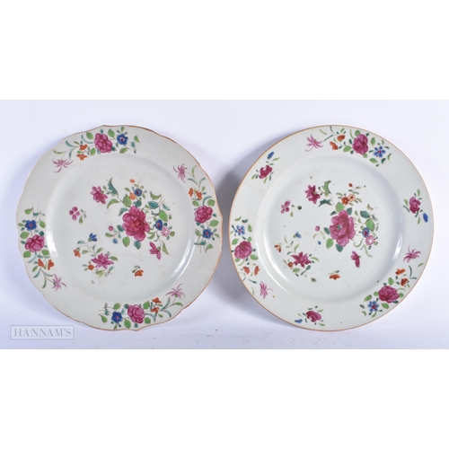 518 - A LARGE 19TH CENTURY CANTON FAMILLE ROSE PORCELAIN DISH together with two Qianlong plates. Largest 2... 