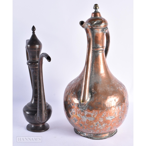 52 - A LARGE EARLY ISLAMIC PERSIAN COPPER ALLOY EWER together with an enamelled Indian ewer. Largest 40 c... 