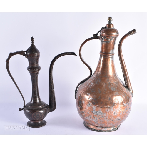 52 - A LARGE EARLY ISLAMIC PERSIAN COPPER ALLOY EWER together with an enamelled Indian ewer. Largest 40 c... 