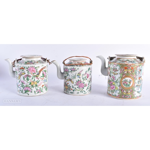 528 - THREE 19TH CENTURY CHINESE CANTON FAMILLE ROSE TEAPOTS AND COVERS together with a similar bowl. Larg... 