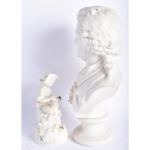 531 - AN ANTIQUE GERMAN PORCELAIN FIGURE together with a parian bust of a male. Largest 28cm high. (2)