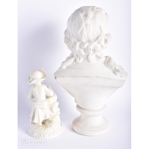 531 - AN ANTIQUE GERMAN PORCELAIN FIGURE together with a parian bust of a male. Largest 28cm high. (2)