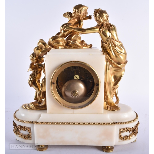 534 - A LARGE 19TH CENTURY FRENCH GILT BRONZE AND CARRERA MARBLE MANTEL CLOCK. 32 cm x 26 cm. Running