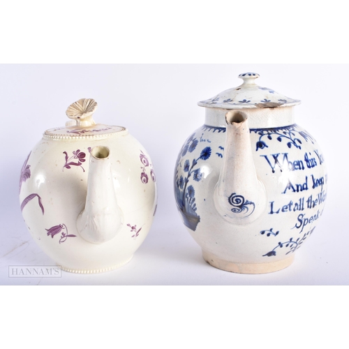 545 - TWO EARLY 19TH CENTURY ENGLISH POTTERY TEAPOTS AND COVERS. Largest 18cm wide. (2)