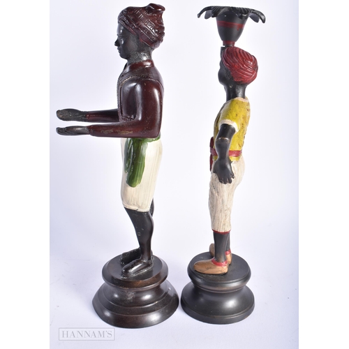 547 - A PAIR OF COLD PAINTED BRONZE CANDLESTICKS. 27cm high.