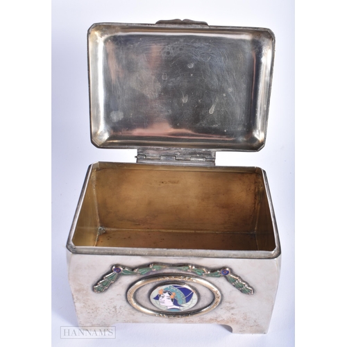 558 - AN ART DECO WIENER KUNST SCHULE SILVER PLATED ENAMEL CASKET by Jan Peterka. 13 cm x 8 cm x 8 cm.