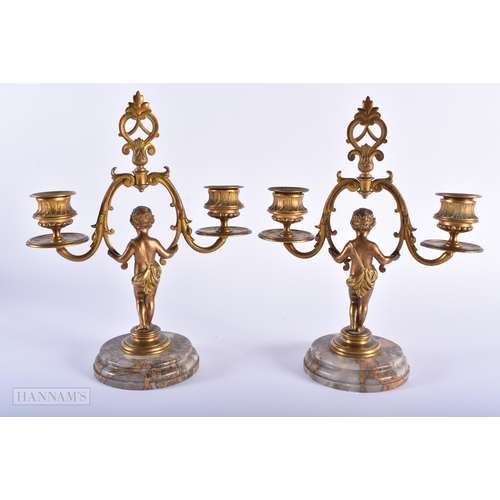 565 - A PAIR OF 19TH CENTURY FRENCH BRONZE AND MARBLE CANDLESTICKS. 24 cm x 15cm.