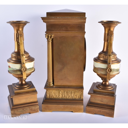 569 - A LARGE EARLY 20TH CENTURY FRENCH BRONZE CLOCK GARNITURE. Largest 34 cm x 22cm. (3)