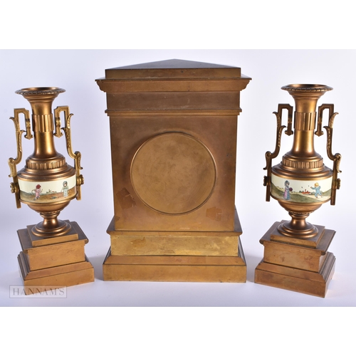 569 - A LARGE EARLY 20TH CENTURY FRENCH BRONZE CLOCK GARNITURE. Largest 34 cm x 22cm. (3)