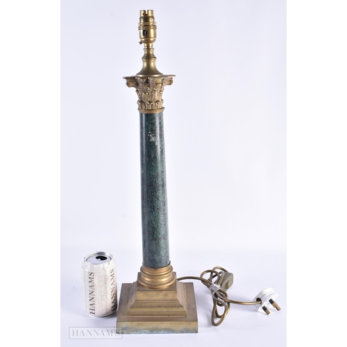 57 - AN ANTIQUE BRONZE AND GREEN MARBLE COUNTRY HOUSE LAMP. 56 cm high.