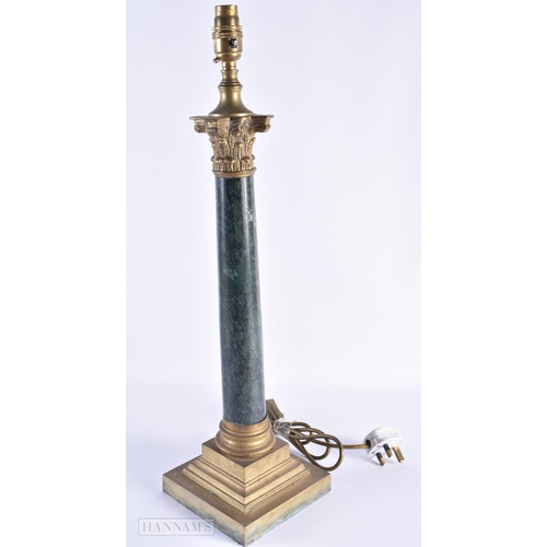 57 - AN ANTIQUE BRONZE AND GREEN MARBLE COUNTRY HOUSE LAMP. 56 cm high.