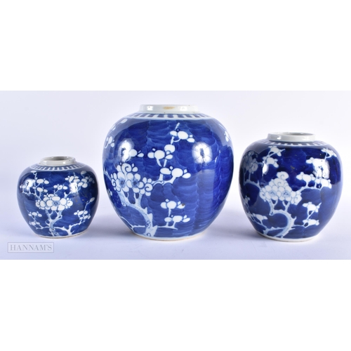 590 - THREE 19TH CENTURY CHINESE BLUE AND WHITE PORCELAIN GINGER JARS. Largest 17 cm x 13 cm. (3)