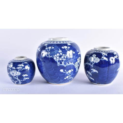 590 - THREE 19TH CENTURY CHINESE BLUE AND WHITE PORCELAIN GINGER JARS. Largest 17 cm x 13 cm. (3)