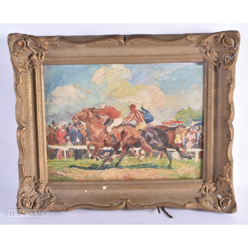 60 - Attributed to Alfred Munnings, RA (British, 1878-1959), Oil on board, Horse racing scene. 40 cm x 32... 