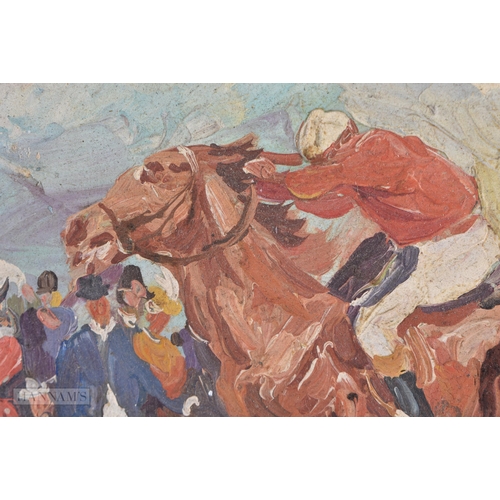 60 - Attributed to Alfred Munnings, RA (British, 1878-1959), Oil on board, Horse racing scene. 40 cm x 32... 