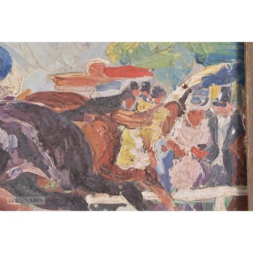 60 - Attributed to Alfred Munnings, RA (British, 1878-1959), Oil on board, Horse racing scene. 40 cm x 32... 