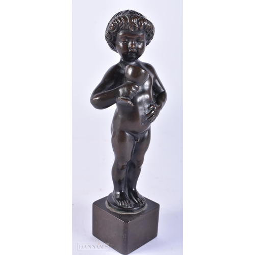 615 - Bronze 'Morin' Sculpture of Boy Holding Chalice with Square Base. 19 cm high.