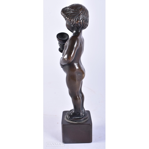 615 - Bronze 'Morin' Sculpture of Boy Holding Chalice with Square Base. 19 cm high.