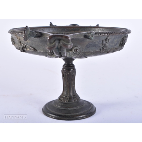 618 - Antique Bronze Twin Handled Tazza Pedestal Stand by Henry Caheiux. 19 cm wide.