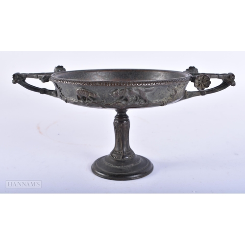 618 - Antique Bronze Twin Handled Tazza Pedestal Stand by Henry Caheiux. 19 cm wide.