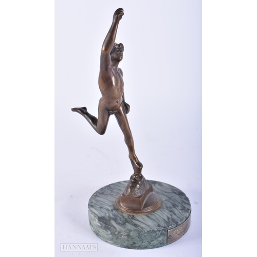 619 - Mercury Standing on the Breath of Zeus Bronze Statue, with applied silver plaque. 21 cm high.