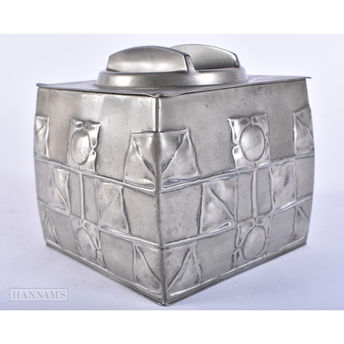 620 - Archibald Knox Liberty & Co Tudric Pewter Biscuit Box w/ Foliate Relief Motif. 11cm square.