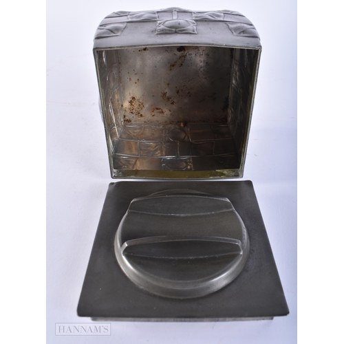 620 - Archibald Knox Liberty & Co Tudric Pewter Biscuit Box w/ Foliate Relief Motif. 11cm square.