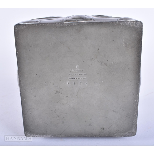 620 - Archibald Knox Liberty & Co Tudric Pewter Biscuit Box w/ Foliate Relief Motif. 11cm square.