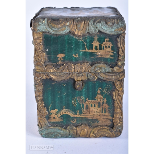 628 - A RARE 18TH/19TH CENTURY GREEN AND GOLD ENAMELLED SCENT BOTTLE HOLDER. 8 cm x 6 cm.