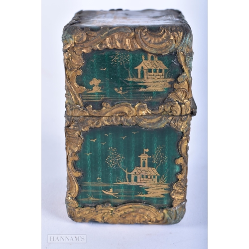 628 - A RARE 18TH/19TH CENTURY GREEN AND GOLD ENAMELLED SCENT BOTTLE HOLDER. 8 cm x 6 cm.