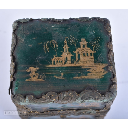 628 - A RARE 18TH/19TH CENTURY GREEN AND GOLD ENAMELLED SCENT BOTTLE HOLDER. 8 cm x 6 cm.