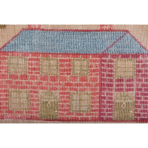 635 - A 19TH CENTURY ENGLISH FRAMED AND EMBROIDERED SAMPLER. 62 cm x 58 cm.