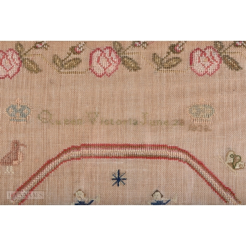 635 - A 19TH CENTURY ENGLISH FRAMED AND EMBROIDERED SAMPLER. 62 cm x 58 cm.