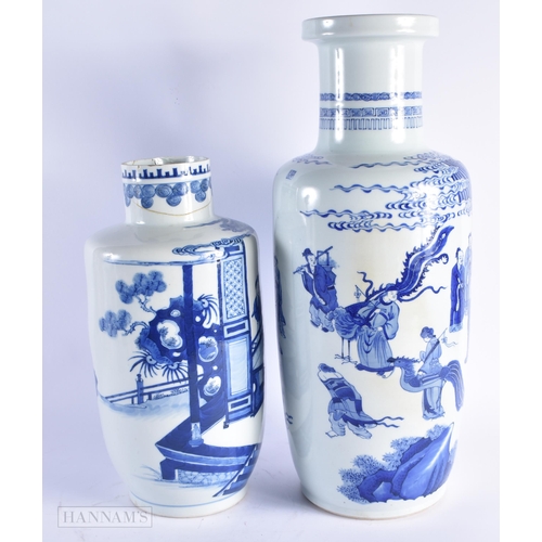 666 - A CHINESE DYNASTY BLUE AND WHITE PORCELAIN ROULEAU VASE together with a similar large rouleau vase, ... 