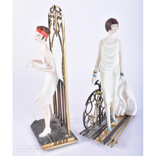 672 - A PAIR OF ALBANY BRONZE AND PORCELAIN FIGURES Wimbledon & Ritz. 24 cm high.