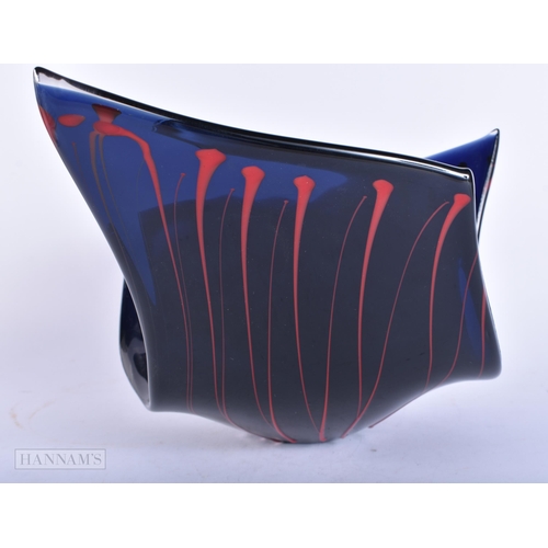 675 - A STYLISH VINTAGE DEEP BLUE RED ENAMELLED ART GLASS BOWL. 32 cm x 22cm.