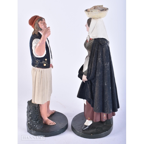 680 - AN UNUSUAL PAIR OF ANTIQUE ITALIAN NAPLES TERRACOTTA FIGURES. 31 cm high.