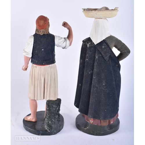 680 - AN UNUSUAL PAIR OF ANTIQUE ITALIAN NAPLES TERRACOTTA FIGURES. 31 cm high.