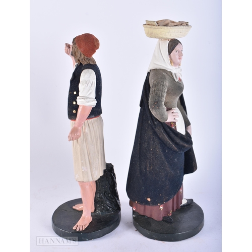 680 - AN UNUSUAL PAIR OF ANTIQUE ITALIAN NAPLES TERRACOTTA FIGURES. 31 cm high.