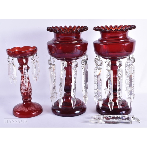 71 - A SET OF ANTIQUE BOHEMIAN GLASS LUSTRES. Largest 32 cm high. (3)