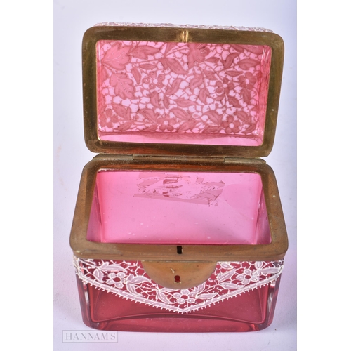 724 - AN ANTIQUE CRANBERRY GLASS ENAMELLED CASKET. 9.75 cm x 9 cm.