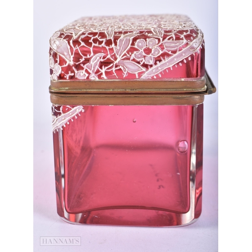 724 - AN ANTIQUE CRANBERRY GLASS ENAMELLED CASKET. 9.75 cm x 9 cm.