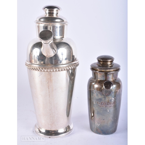 733 - TWO VINTAGE SILVER PLATED COCKTAIL SHAKERS. Largest 29 cm high. (2)