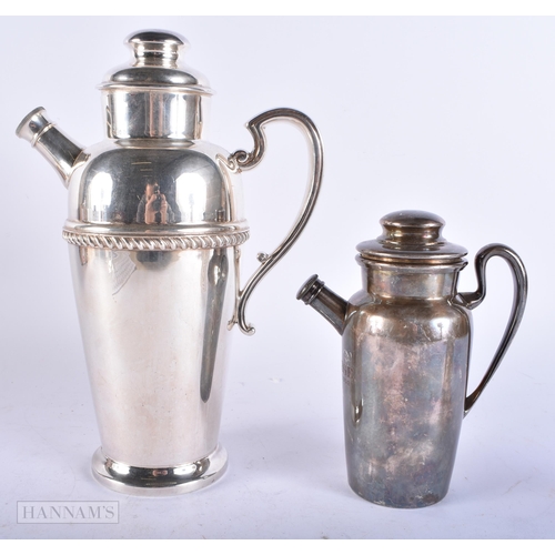 733 - TWO VINTAGE SILVER PLATED COCKTAIL SHAKERS. Largest 29 cm high. (2)