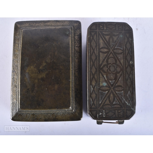 771 - TWO ANTIQUE ISLAMIC INDIAN ENGRAVED BRONZE AND STEEL BOXES. Largest 16 cm wide. (2)