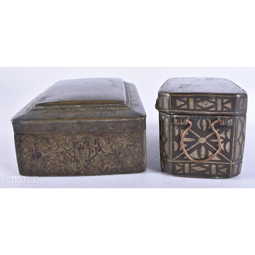 771 - TWO ANTIQUE ISLAMIC INDIAN ENGRAVED BRONZE AND STEEL BOXES. Largest 16 cm wide. (2)