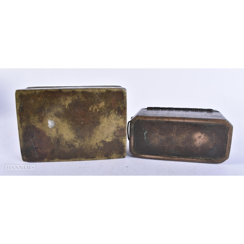 771 - TWO ANTIQUE ISLAMIC INDIAN ENGRAVED BRONZE AND STEEL BOXES. Largest 16 cm wide. (2)