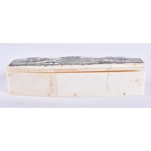 773 - A SCRIMSHAW BONE COFFIN. 140 grams. 11.5 cm x 4.25 cm.