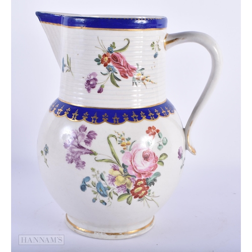 78 - A RARE LARGE 18TH CENTURY DERBY PORCELAIN JUG painted with flowers under a blue line banding. 22cm x... 