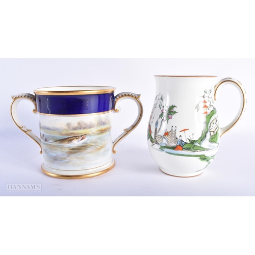 88 - A RARE ANTIQUE ROYAL WORCESTER TWIN HANDLED PORCELAIN CUP painted with a fish, together with a Royal... 